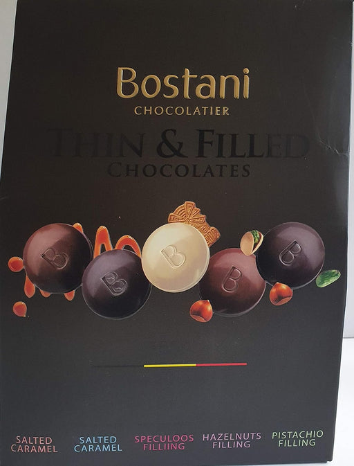 Bostani Surtido de Bombones Belgas Rellenos, bolsa de 500g. Una selección gourmet de chocolate negro, con leche y blanco con 5 deliciosos rellenos diferentes para regalar. Bostani - pack