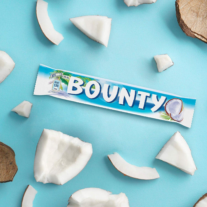 Bounty, la chocolatina de coco cubierta de chocolate con leche, pack de 24 barritas de 57g. Un snack exótico y delicioso ideal para disfrutar en cualquier momento y lugar. Bounty - detalle