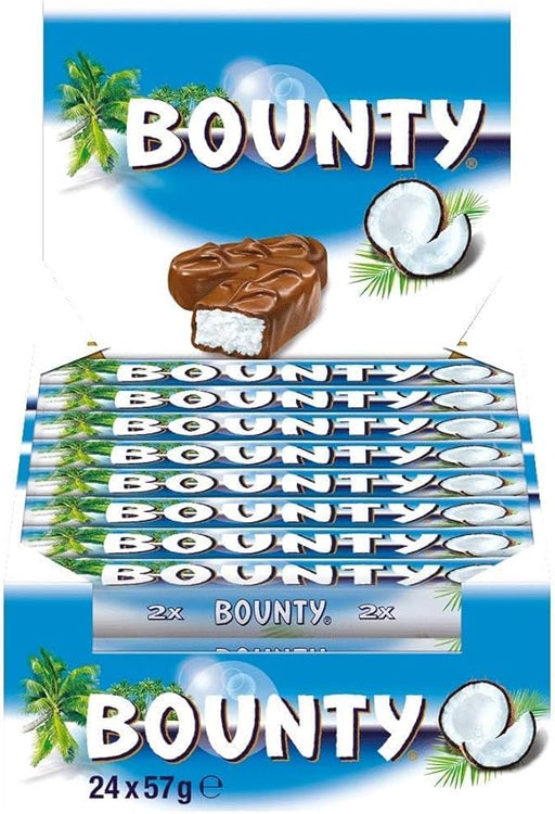 Bounty, la chocolatina de coco cubierta de chocolate con leche, pack de 24 barritas de 57g. Un snack exótico y delicioso ideal para disfrutar en cualquier momento y lugar. Bounty - frontal