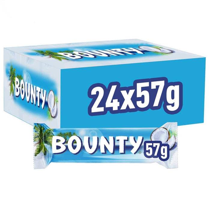 Bounty, la chocolatina de coco cubierta de chocolate con leche, pack de 24 barritas de 57g. Un snack exótico y delicioso ideal para disfrutar en cualquier momento y lugar. Bounty - ingredientes