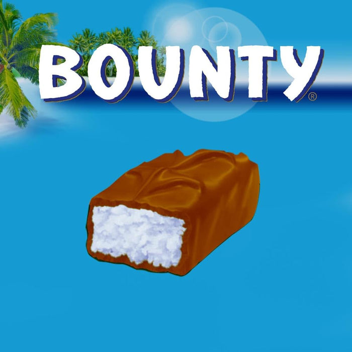 Bounty, la chocolatina de coco cubierta de chocolate con leche, pack de 24 barritas de 57g. Un snack exótico y delicioso ideal para disfrutar en cualquier momento y lugar. Bounty - presentacion