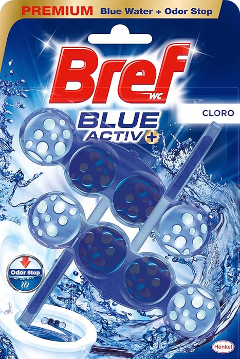 Bref Blue Activ+ Cloro, pack de 2 cestas para WC. Limpiador de inodoro con poder blanqueador, fórmula antical y agua azul para una limpieza visiblemente higiénica y fresca. Bref - frontal