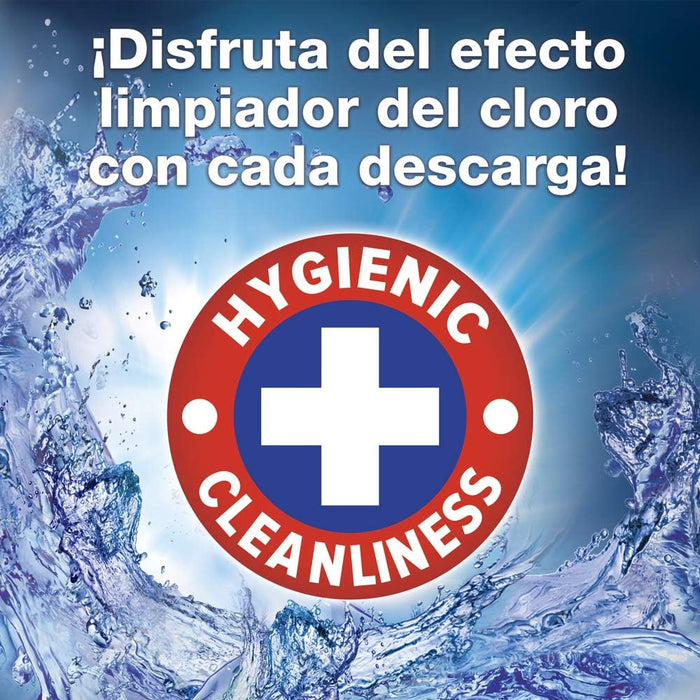 Bref Blue Activ+ Cloro, pack de 2 cestas para WC. Limpiador de inodoro con poder blanqueador, fórmula antical y agua azul para una limpieza visiblemente higiénica y fresca. Bref - lateral