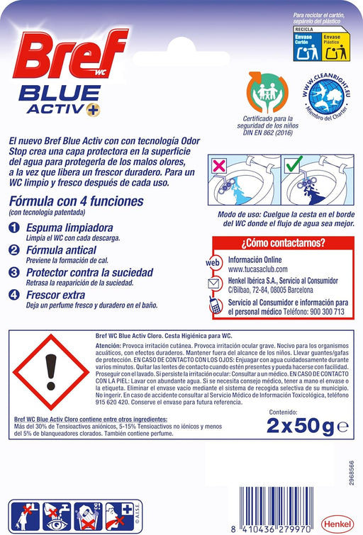 Bref Blue Activ+ Cloro, pack de 2 cestas para WC. Limpiador de inodoro con poder blanqueador, fórmula antical y agua azul para una limpieza visiblemente higiénica y fresca. Bref - pack