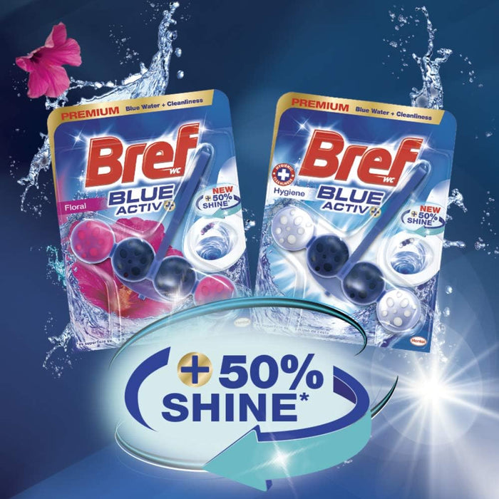 Bref Blue Activ+ Cloro, pack de 2 cestas para WC. Limpiador de inodoro con poder blanqueador, fórmula antical y agua azul para una limpieza visiblemente higiénica y fresca. Bref - zoom