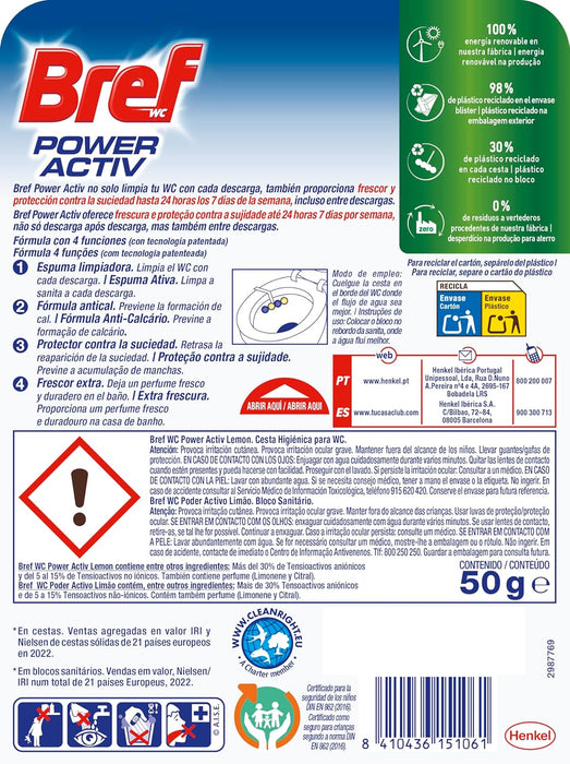 Bref Power Activ' Limón, pack de 10 cestas para WC. Limpiador de inodoro con fórmula 4 en 1 para una limpieza y un intenso frescor cítrico duraderos en cada descarga. Bref - detalle