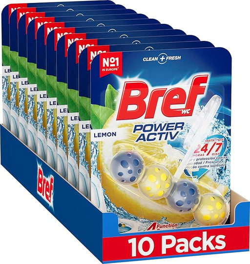 Bref Power Activ' Limón, pack de 10 cestas para WC. Limpiador de inodoro con fórmula 4 en 1 para una limpieza y un intenso frescor cítrico duraderos en cada descarga. Bref - frontal