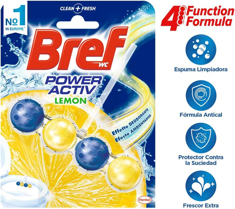 Bref Power Activ' Limón, pack de 10 cestas para WC. Limpiador de inodoro con fórmula 4 en 1 para una limpieza y un intenso frescor cítrico duraderos en cada descarga. Bref - lateral