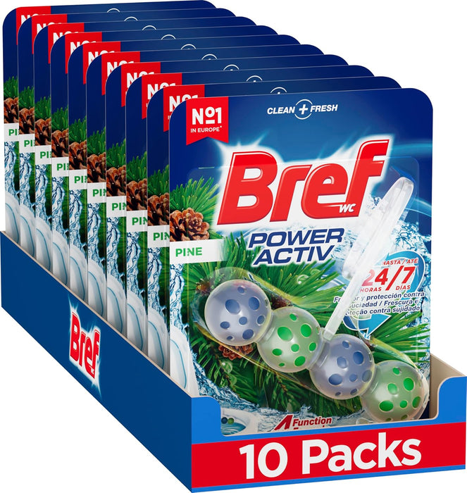 Bref Power Activ' Natura, pack de 10 cestas para WC. Limpiador de inodoro con fórmula 4 en 1 para una limpieza y un intenso frescor a pino duraderos en cada descarga. Bref - extra