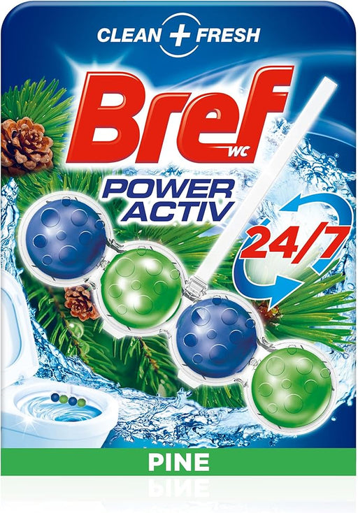 Bref Power Activ' Natura, pack de 10 cestas para WC. Limpiador de inodoro con fórmula 4 en 1 para una limpieza y un intenso frescor a pino duraderos en cada descarga. Bref - frontal