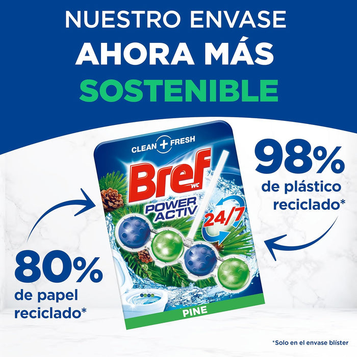 Bref Power Activ' Natura, pack de 10 cestas para WC. Limpiador de inodoro con fórmula 4 en 1 para una limpieza y un intenso frescor a pino duraderos en cada descarga. Bref - lateral