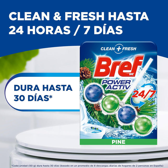 Bref Power Activ' Natura, pack de 10 cestas para WC. Limpiador de inodoro con fórmula 4 en 1 para una limpieza y un intenso frescor a pino duraderos en cada descarga. Bref - presentacion