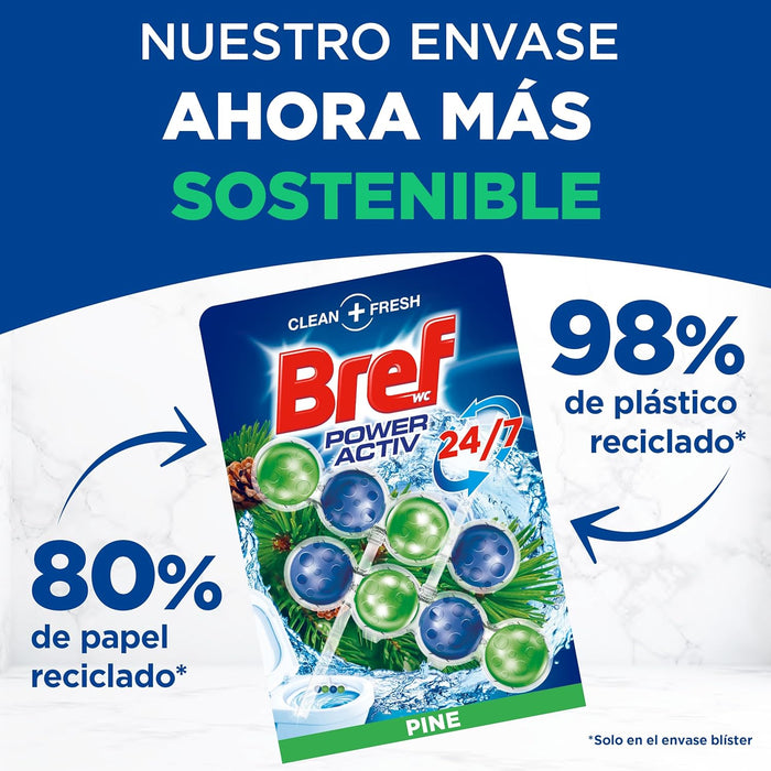 Bref Power Activ Natura, pack de 2 cestas para WC. Limpiador de inodoro con fórmula 4 en 1 antical y protectora contra la suciedad para una limpieza y frescor duraderos. Bref - detalle