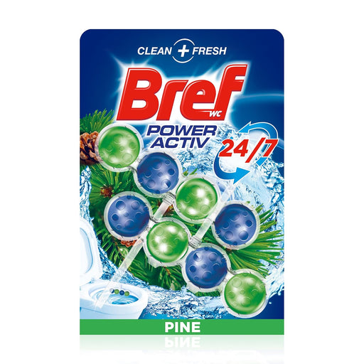 Bref Power Activ Natura, pack de 2 cestas para WC. Limpiador de inodoro con fórmula 4 en 1 antical y protectora contra la suciedad para una limpieza y frescor duraderos. Bref - frontal