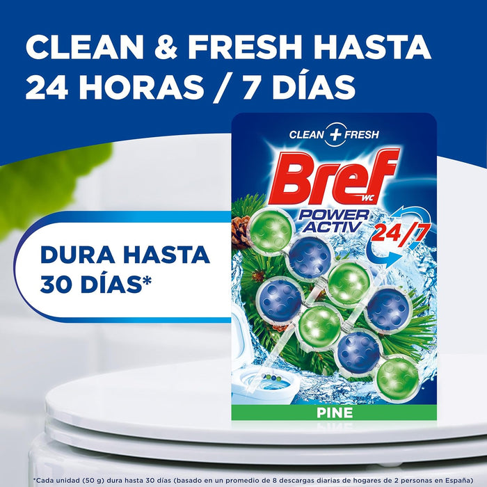 Bref Power Activ Natura, pack de 2 cestas para WC. Limpiador de inodoro con fórmula 4 en 1 antical y protectora contra la suciedad para una limpieza y frescor duraderos. Bref - ingredientes
