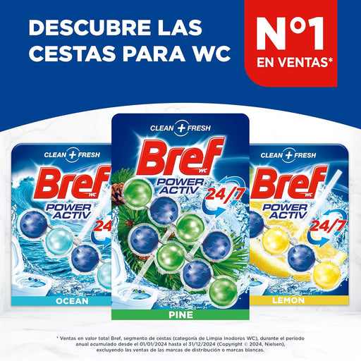 Bref Power Activ Natura, pack de 2 cestas para WC. Limpiador de inodoro con fórmula 4 en 1 antical y protectora contra la suciedad para una limpieza y frescor duraderos. Bref - pack