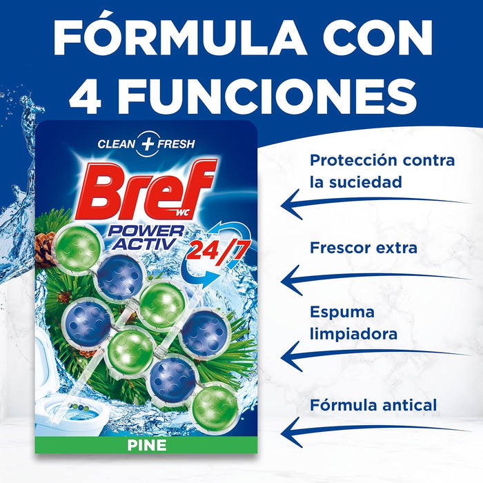 Bref Power Activ Natura, pack de 2 cestas para WC. Limpiador de inodoro con fórmula 4 en 1 antical y protectora contra la suciedad para una limpieza y frescor duraderos. Bref - uso