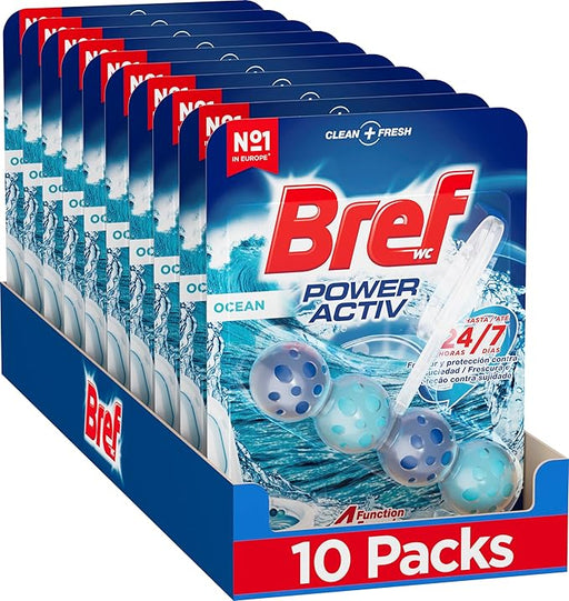 Bref Power Activ' Océano, pack de 10 cestas para WC. Limpiador de inodoro con fórmula 4 en 1 para una limpieza y un intenso frescor marino duraderos en cada descarga. Bref - frontal