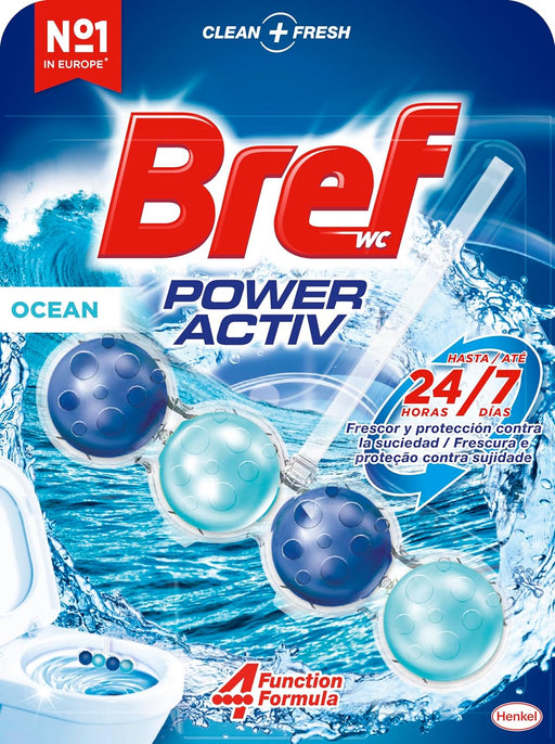 Bref Power Activ' Océano, pack de 10 cestas para WC. Limpiador de inodoro con fórmula 4 en 1 para una limpieza y un intenso frescor marino duraderos en cada descarga. Bref - pack