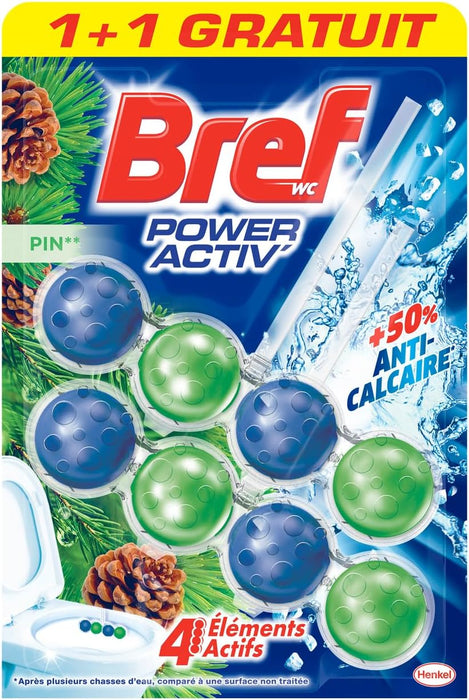 Bref Power Activ' Pin, pack de 6 cestas para WC (3x2 unidades). Limpiador de inodoro con fórmula 4 en 1 para una limpieza y frescor a pino intensos y duraderos en cada descarga. Bref - frontal