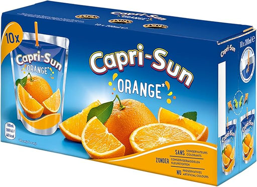 Pack de 10 Capri-Sun de Naranja, 10 envases de 20cl cada uno. La bebida refrescante de zumo de frutas ideal para la merienda de los niños, fiestas y para llevar a cualquier parte. Capri-Sun - frontal