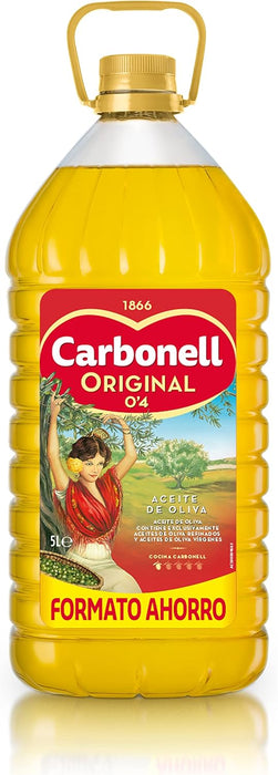 Aceite de Oliva Carbonell en garrafa de 5 Litros, un aceite versátil con sabor suave y 0,4º de acidez, especialmente recomendado para uso en caliente como guisos y frituras. Carbonell - extra