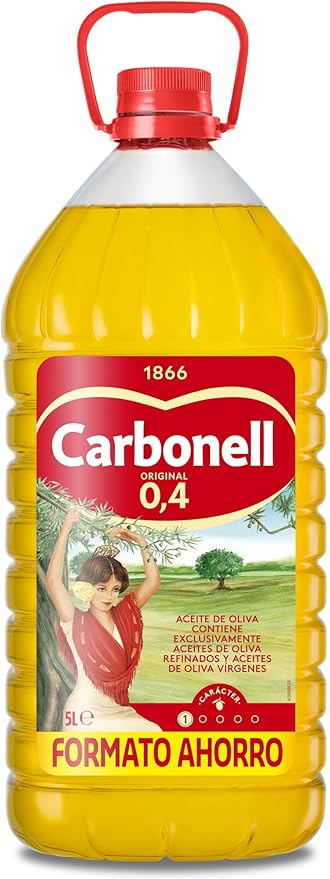 Aceite de Oliva Carbonell en garrafa de 5 Litros, un aceite versátil con sabor suave y 0,4º de acidez, especialmente recomendado para uso en caliente como guisos y frituras. Carbonell - frontal