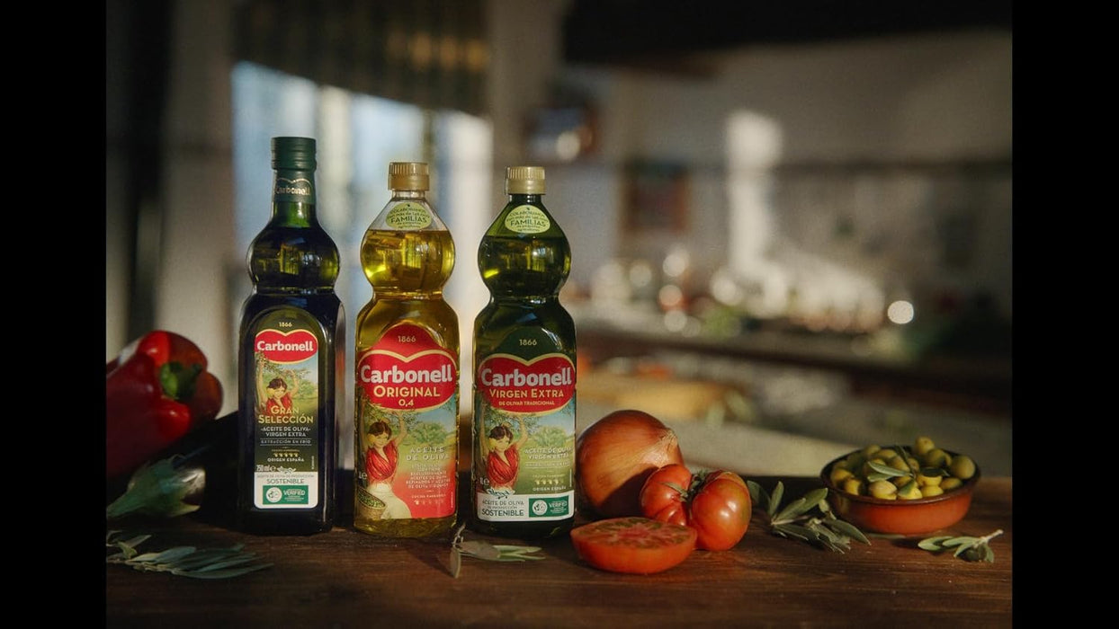 Aceite de Oliva Carbonell en garrafa de 5 Litros, un aceite versátil con sabor suave y 0,4º de acidez, especialmente recomendado para uso en caliente como guisos y frituras. Carbonell - ingredientes