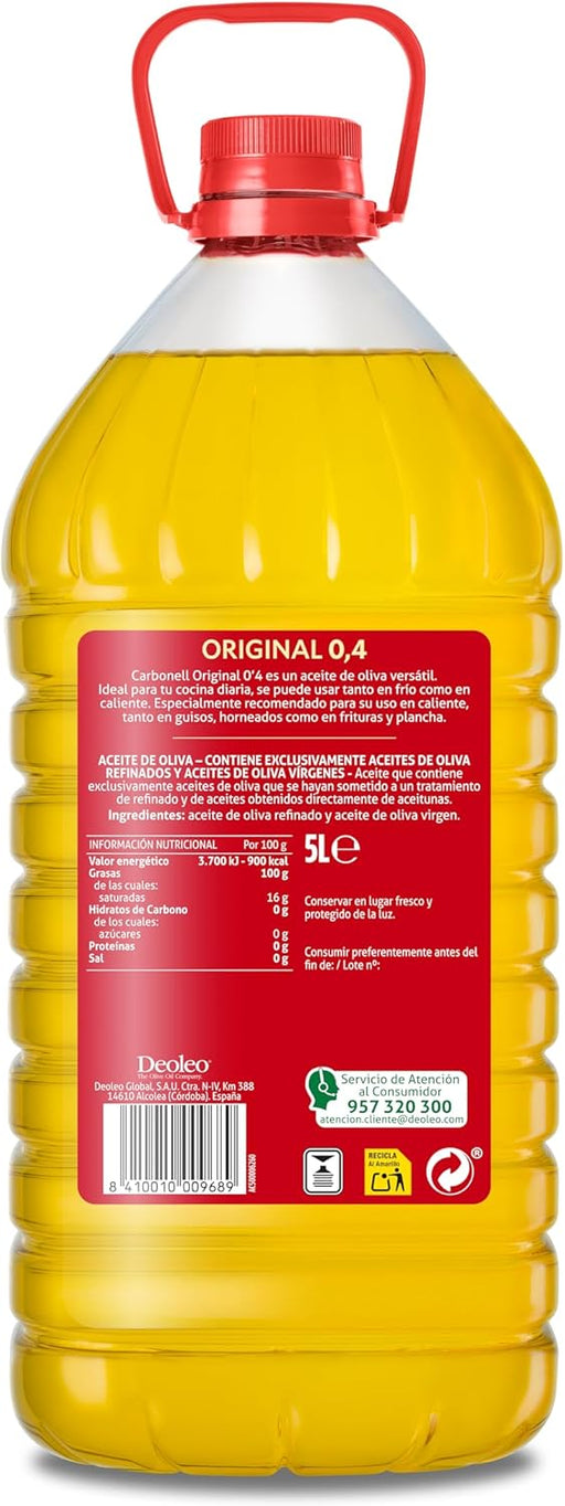 Aceite de Oliva Carbonell en garrafa de 5 Litros, un aceite versátil con sabor suave y 0,4º de acidez, especialmente recomendado para uso en caliente como guisos y frituras. Carbonell - pack
