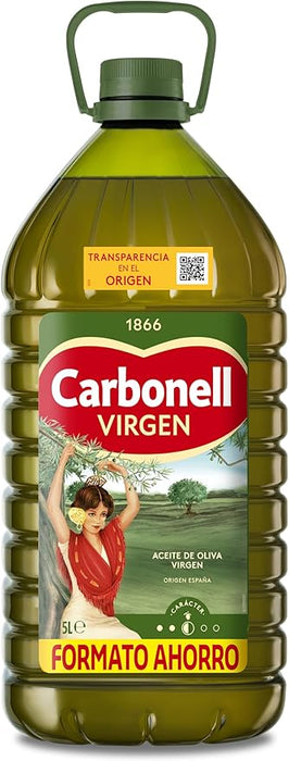 Carbonell Aceite de Oliva Virgen en garrafa de 5 Litros. Un aceite versátil y equilibrado, pilar de la cocina mediterránea, envasado en botella de plástico 100% reciclado. Carbonell - frontal