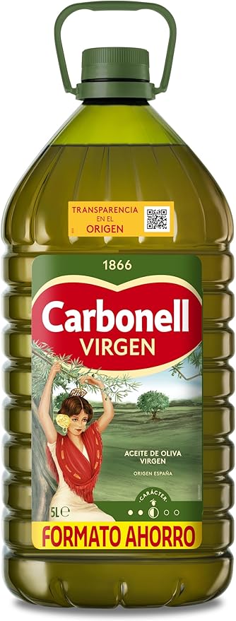Carbonell Aceite de Oliva Virgen en garrafa de 5 Litros. Un aceite versátil y equilibrado, pilar de la cocina mediterránea, envasado en botella de plástico 100% reciclado. Carbonell - frontal