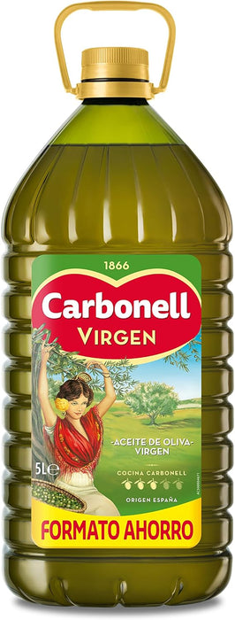 Carbonell Aceite de Oliva Virgen en garrafa de 5 Litros. Un aceite versátil y equilibrado, pilar de la cocina mediterránea, envasado en botella de plástico 100% reciclado. Carbonell - lateral