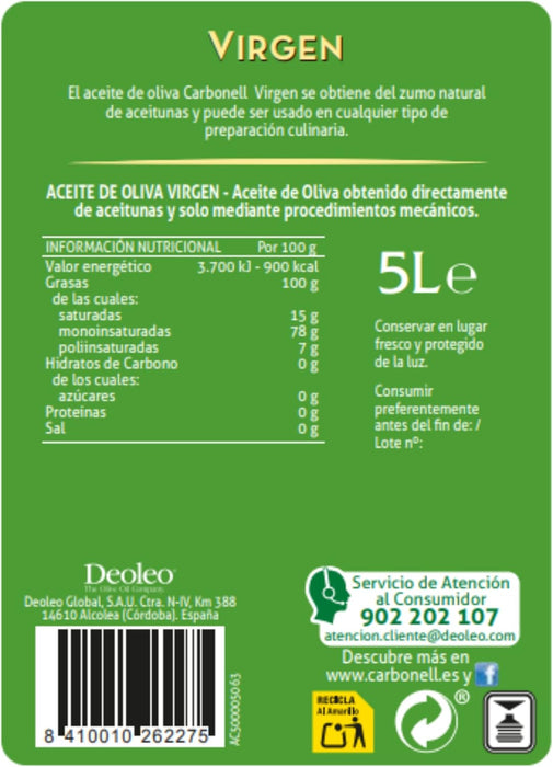 Carbonell Aceite de Oliva Virgen en garrafa de 5 Litros. Un aceite versátil y equilibrado, pilar de la cocina mediterránea, envasado en botella de plástico 100% reciclado. Carbonell - presentacion