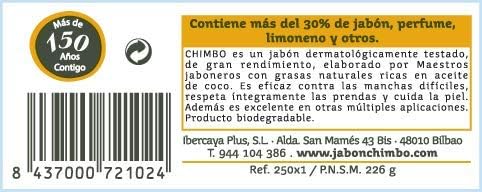 Jabón Chimbo Tradicional en pastilla de 250g. El auténtico jabón puro de toda la vida para una limpieza profunda de la ropa, quitamanchas y limpieza del hogar. Chimbo - detalle