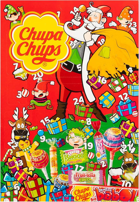 Calendario de Adviento Chupa Chups con 24 sorpresas variadas (210.6g). La cuenta atrás más original con un surtido de los caramelos con palo, chicles y gominolas más icónicos. Chupa Chups - frontal