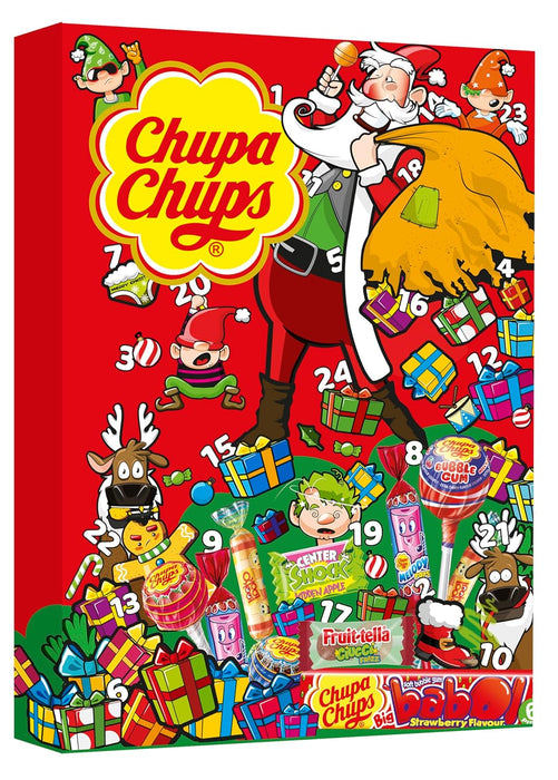 Chupa Chups Calendario de Adviento con 24 sorpresas (330g). Una divertida cuenta atrás para Navidad con un surtido de los caramelos con palo, chicles y gominolas más famosos. Chupa Chups - frontal