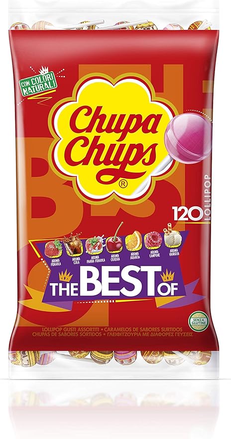Chupa Chups Original, Bolsa Grande de 120 Caramelos con Palo (1.44kg). El formato ahorro ideal con 7 sabores surtidos para grandes fiestas, eventos y celebraciones. Chupa Chups - frontal