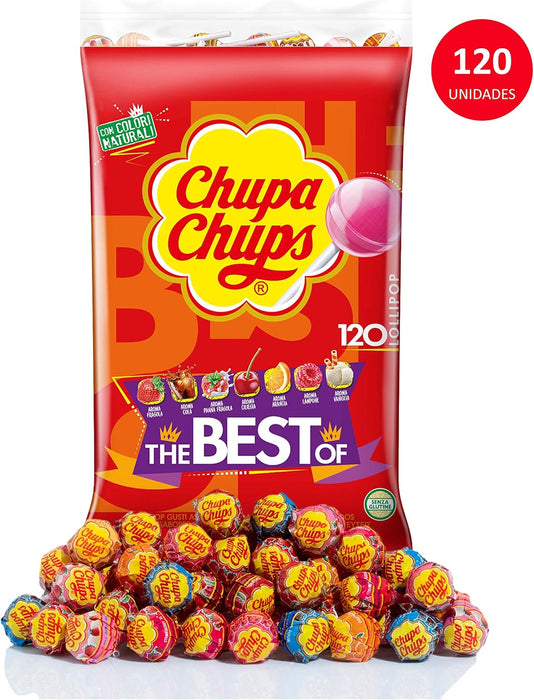 Chupa Chups Original, Bolsa Grande de 120 Caramelos con Palo (1.44kg). El formato ahorro ideal con 7 sabores surtidos para grandes fiestas, eventos y celebraciones. Chupa Chups - ingredientes