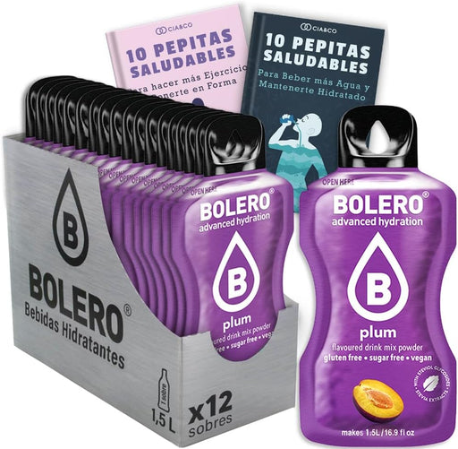 Ahorro Pack Bolero Ciruela: 12 sobres de 9g de bebida hidratante sin azúcar para preparar hasta 24 litros. Incluye 20 Pepitas Saludables para una vida mejor by Cia&Co. Cia&Co - frontal