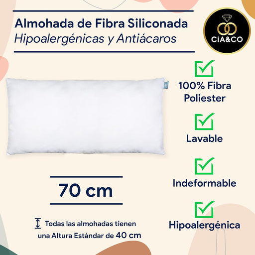 Almohada de 40x70 cm de Cia&Co, con Fibra Virgen Siliconada. Hipoalergénica, antiácaros y transpirable, con un tacto suave viscoelástico para un descanso reparador. Cia&Co - pack