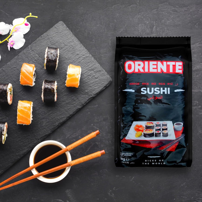 Arroz de Sushi Premium Oriente, Paquete de 1kg. Auténtica variedad Japónica 100% de grano corto, ideal para elaborar fácilmente sushi, nigiri y maki con calidad de restaurante. Cia&Co - detalle