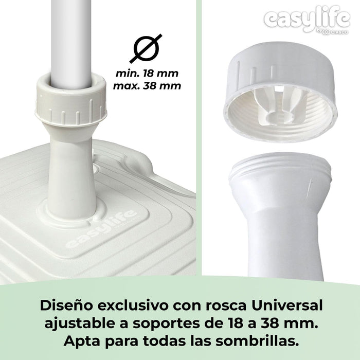 Base de Sombrilla XXL Cia&Co (45x45x14 cm), rellenable hasta 25 kg. Con rosca universal ajustable de 18-38 mm, ideal para playa, jardín, terraza o piscina. Cia&Co - detalle