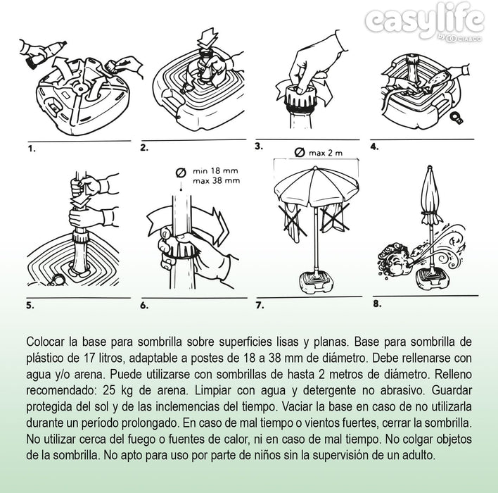 Base de Sombrilla XXL Cia&Co (45x45x14 cm), rellenable hasta 25 kg. Con rosca universal ajustable de 18-38 mm, ideal para playa, jardín, terraza o piscina. Cia&Co - extra