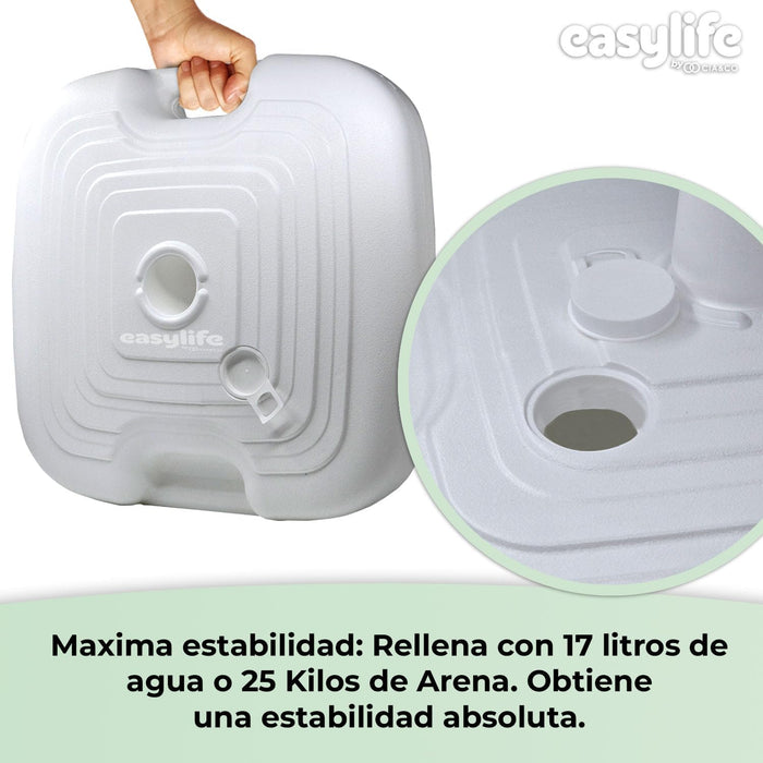 Base de Sombrilla XXL Cia&Co (45x45x14 cm), rellenable hasta 25 kg. Con rosca universal ajustable de 18-38 mm, ideal para playa, jardín, terraza o piscina. Cia&Co - ingredientes