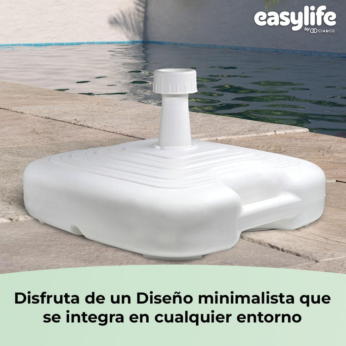 Base de Sombrilla XXL Cia&Co (45x45x14 cm), rellenable hasta 25 kg. Con rosca universal ajustable de 18-38 mm, ideal para playa, jardín, terraza o piscina. Cia&Co - uso