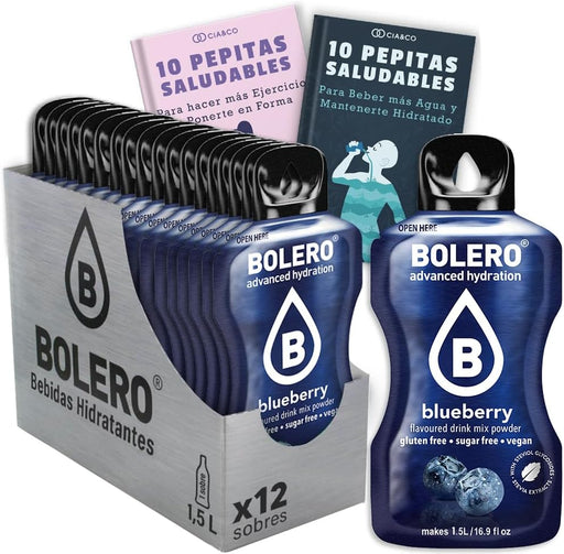 Bebida Bolero sabor Arándano Azul, Pack 12 sobres (12x9 grs). Hidratación sin azúcar con el sabor dulce y silvestre del arándano, con Stevia y Vitamina C. Cia&Co - frontal