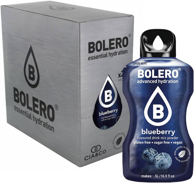 Bebida Bolero sabor Arándano Azul, Pack 24 sobres (24x9g). Bebida en polvo sin azúcar con el sabor dulce y silvestre de los arándanos, con Vitamina C y Stevia. Cia&Co - extra