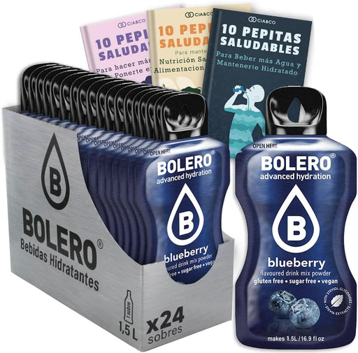 Bebida Bolero sabor Arándano Azul, Pack 24 sobres (24x9g). Bebida en polvo sin azúcar con el sabor dulce y silvestre de los arándanos, con Vitamina C y Stevia. Cia&Co - frontal