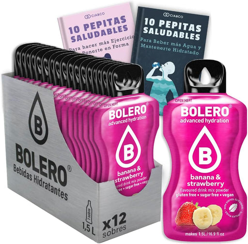 Bebida Bolero sabor Banana y Fresa, Pack 12 sobres (12x9g). Hidratación sin azúcar con el clásico sabor a batido de frutas, con Stevia y Vitamina C. Cia&Co - frontal