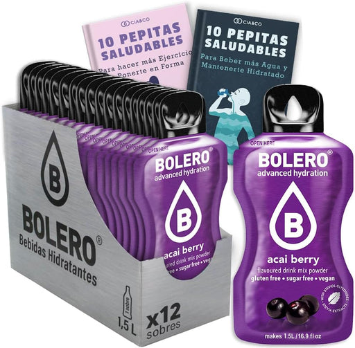 Bebida Bolero sabor Bayas de Acai, Pack 12 sobres (12x9 grs). Hidratación sin azúcar con el sabor exótico del acai, con Stevia y Vitamina C. Cia&Co - frontal